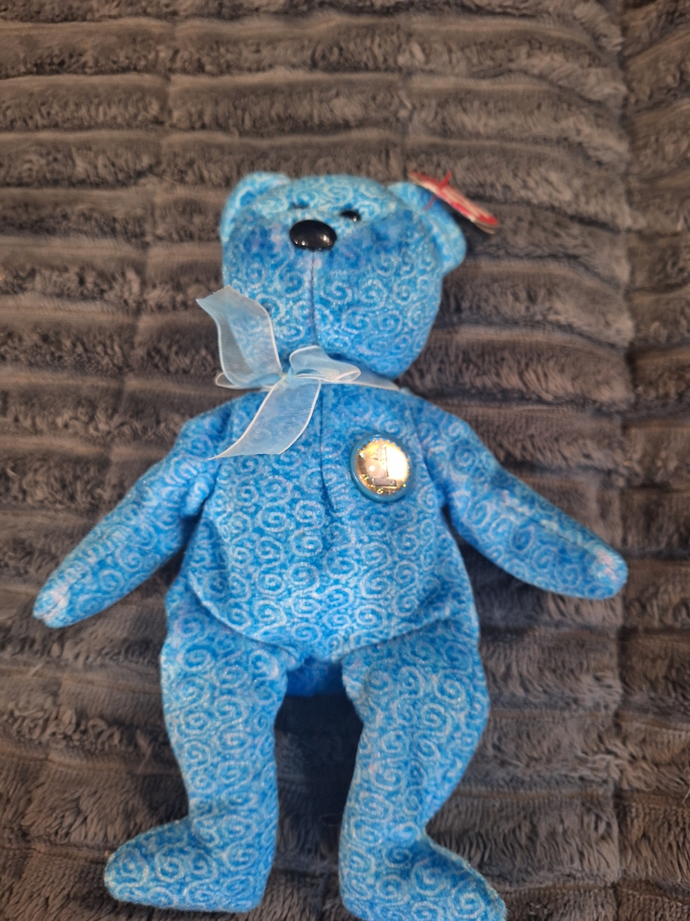 Ty Blue Swirl Pattern Beanie Bear with Ribbon "1"